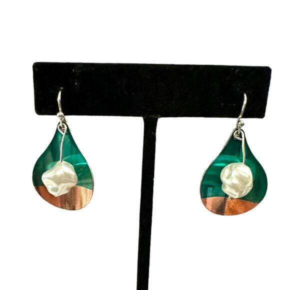 Teal And Gold Tear Drop Earrings Hook Back Faux Pearl - Picture 1 of 6